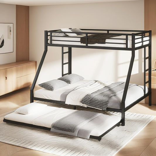 Bellemave Twin XL Over Queen Bunk Bed with Trundle, Heavy Duty Metal Frame with Full-Length Guardrails & Ladder, Bunk Beds with Trundle for Kids, Teens, Adults, Black