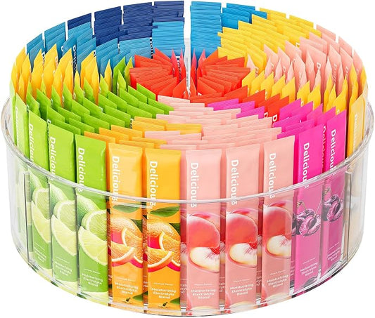 Divided Drink Packet Organizer, Largr Rotating Clear Lazy Susan Turntable for Powdered Drink Mix, Water Drink Packet Holder, Water Flavor Packet, Coffee, Tea – Space-Saving Countertop Organizer