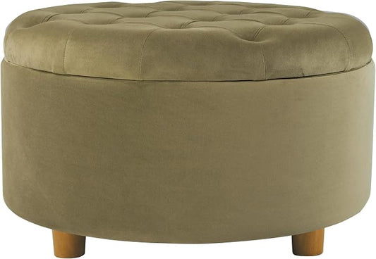 Homepop Home Decor | Button Tufted Velvet Round Storage Ottoman | Ottoman with Storage for Living Room & Bedroom, Light Sage Green Velvet