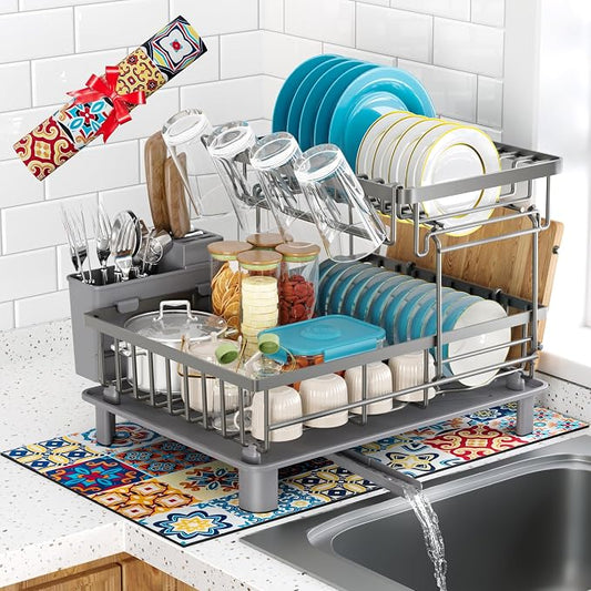 2 Tier Dish Drying Rack, Large Dish Racks for Kitchen Counter with Drying Mat, Detachable Dish Drainer Organizer, Rust-Resistant Space-Saving Dish Rack with Drainboard and Utensil Holder,Gray