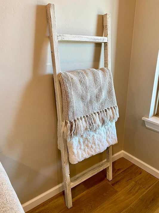 BARNWOODUSA Rustic Farmhouse Decorative Ladder - Our 47 in Ladder can be Mounted Horizontally or Vertically and is Crafted from Upcycled Wood No Assembly Required White Wash
