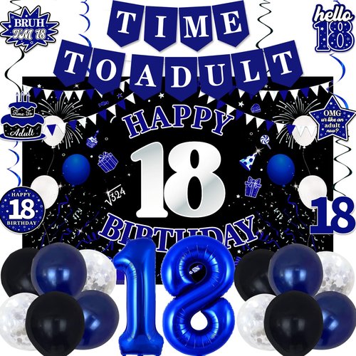 18th Birthday Decorations for Boys Girls, Blue Black Happy 18th Birthday Party Decorations, Time To Adult Birthday Banner, Foil Balloons 18, Backdrop, Balloons, Hanging Swirls, Birthday Card Set 43pcs