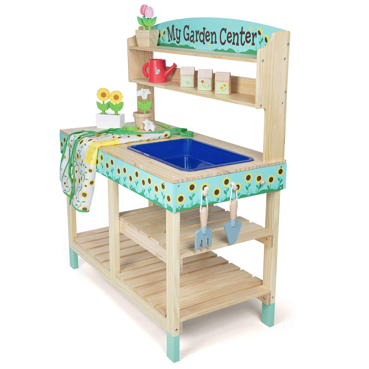 Bloom & Grow Gardening Center Wooden Toy Indoor Playset- 22 Pc Garden Stand Set w Flowers, Seed Packet, Pots Shovel Rake Apron Watering Pot- Interactive Fun Pretend Playtime Activity, Kids Summer Gift