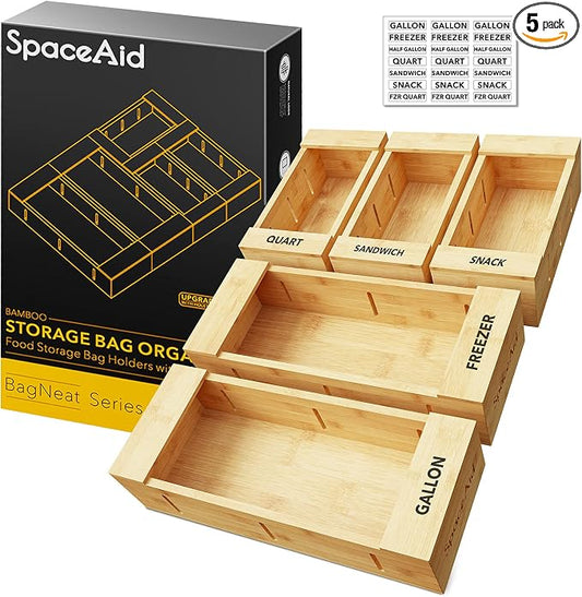 SpaceAid Bag Storage Organizer for Kitchen Drawer, Bamboo Organizer, Compatible with Gallon, Quart, Sandwich and Snack Variety Size Bag (5 Pack Set)