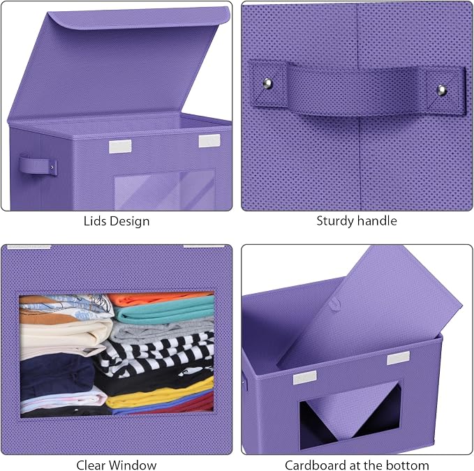 Univivi Storage Bins with Lids [4-Pack] Fabric Lidded Storage Baskets Stackable Closet Storage Bins, Closet Organizers and Storage with Lid & Clear Window for Home, Office, Bedroom (Purple)