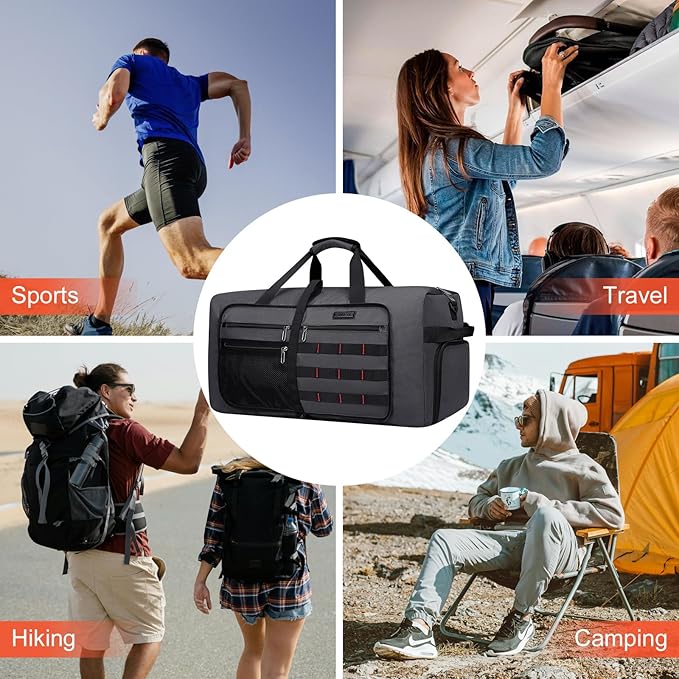 WITZMAN Foldable Duffle Bag for Travel 65L Lightweight Packable Duffel Bag with Shoes Compartment Overnight Bag for Men Women (B697 Silvery Grey)