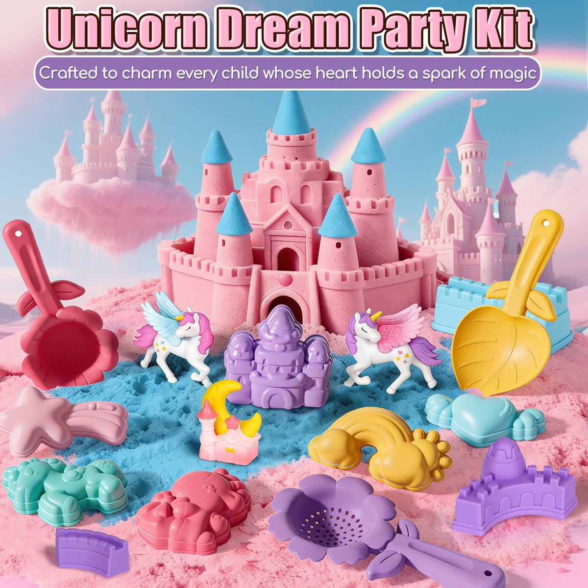 Lehoo Castle Unicorn Sensory Table with Sand, Indoor Outdoor Sand Table with Lid for Toddlers Kids, Upgraded Adjustable Legs, Red & Blue Play Sand Art Kit, Preschool Learning Activities Gifts