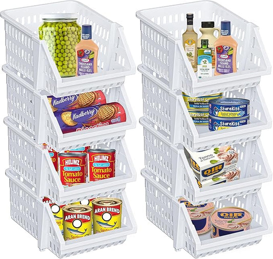 Small Stackable Storage Bins Open Front for Pantry Storage, 8 Pack - White | Sturdy Plastic, Easy Stacking, Open Front Access, Ventilated Sides, Vertical & Space Saving Pantry Organizers and Storage Bin