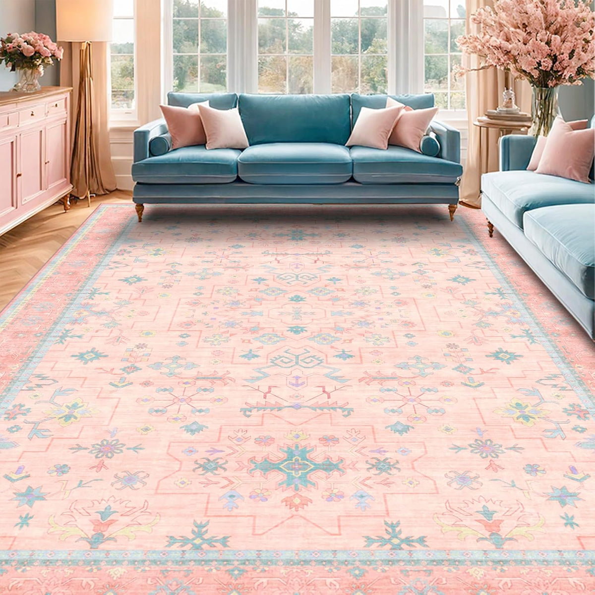 Oushak Rugs | Washable 8x10 Pink and Blue Floral Design | Soft Faux Wool, Non-Slip, Stain Resistant for Bedroom & Living Room
