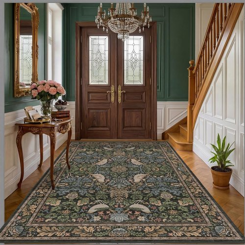 Hazo Haus Vintage Floral Area Rug - Dark Green Forest Design, Non-Slip, 5x7 for Living Room & Office