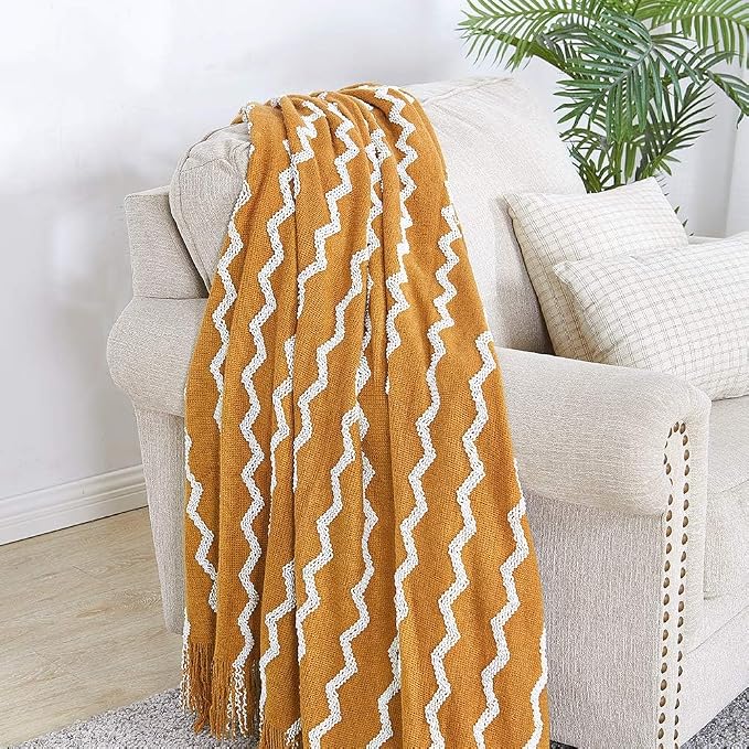BOURINA Fluffy Chenille Knitted Fringe Throw Blanket Lightweight Soft Cozy for Bed Sofa Chair Throw Blankets, 60" x 80",Mustard
