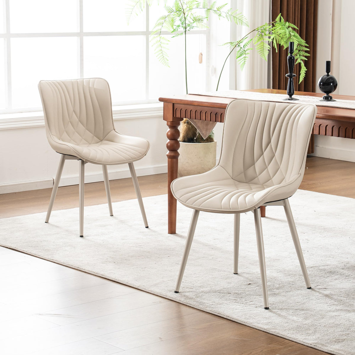 YOUTASTE Cream Dining Chairs Set of 2, Mid Century Modern Comfy Kitchen Chair, Upholstered Faux Leather, Cream Metal Legs, Armless Accent Chairs for Bedroom Vanity Lounge