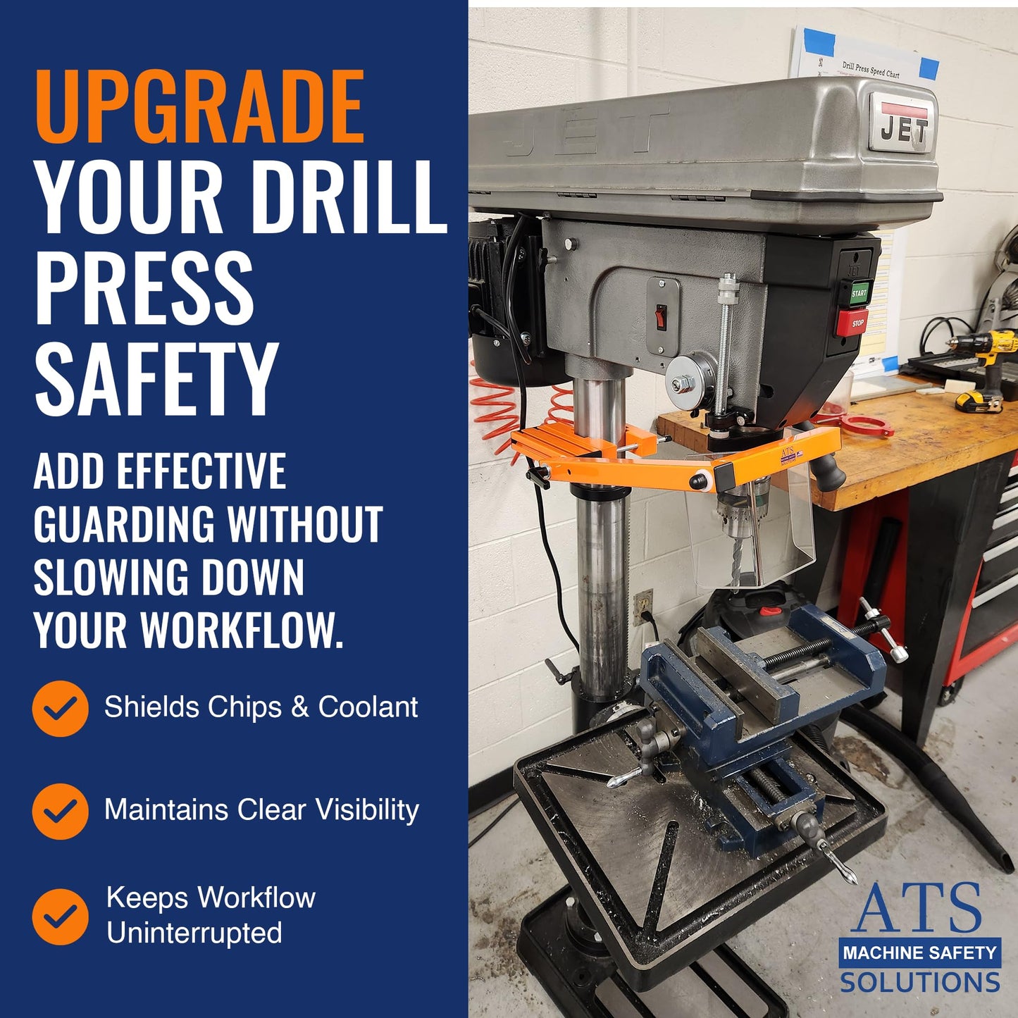 ATS Drill Press Guard | OSHA Compliant Safety Shield for 2.0" to 4.0" Round Columns | Billet Aluminum Clamp, Aluminum Extrusion Frame & Lexan | Made in USA | DPG-ES1