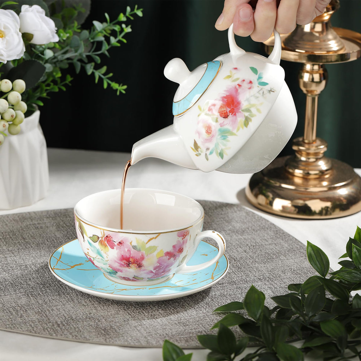 fanquare Pink Floral Teapot, Tea Cup and Saucer Set with Gold Trim, Porcelain Tea for One Tea Set for Gift, Blue