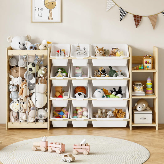EXPERLAM 3-in-1 Toy Storage Organizer, Stuffed Animal Holder & 3-Tier Bookcase, Solid Wood Toy Organizer with 12 Storage Bins, Space-Saving Toy & Book Shelf for Kids Rooms, Bedroom, Playroom, White