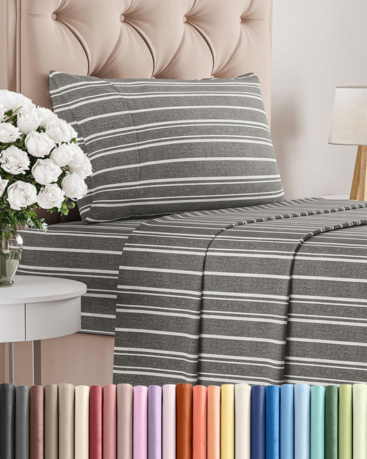 Skiennix Twin XL 3-Piece Sheet Set - Comfy Cooling Bed Sheets with Deep Pockets - Grey Stripes