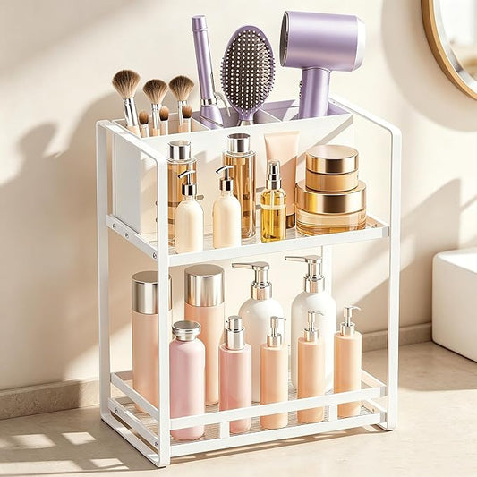 SanDream Hair Tool Organizer Bathroom Countertop, 2-Tier Metal Bathroom Organizer with Blow Dryer Holder, Large Capacity Space-Saving Vanity Shelf for Perfume, Skincare & Makeup Storage (White)