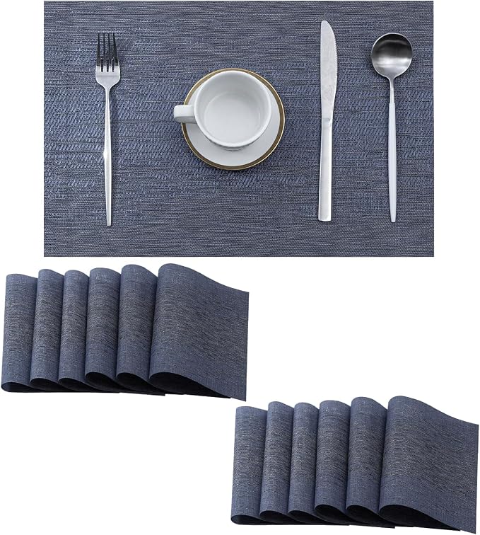 Leetaltree Denim Blue Placemats Set of 12 - Heat Resistant Non-Slip Place mats for Dining Table, Washable Durable PVC Vinyl Woven Table Matsï¼Denim Blue, 12ï¼