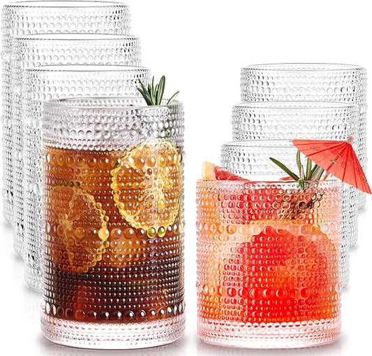 LUNA & MANTHA Drinking Water Glasses Set, Lead-Free Crystal Highball Glass, Tall Glass Cups for Cocktail Parties,Hobnail set of 8,15oz&12oz
