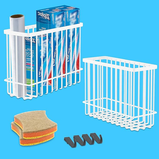 2 Pack Cabinet Organizer Storage, Over Cabinet Door Organizer with 2 Adhesive, 2 Sponges, 4 Hooks, No Drilling Space Saver Lid Organizers Inside Cabinet for Kitchen Office Bedroom (Small, Medium)