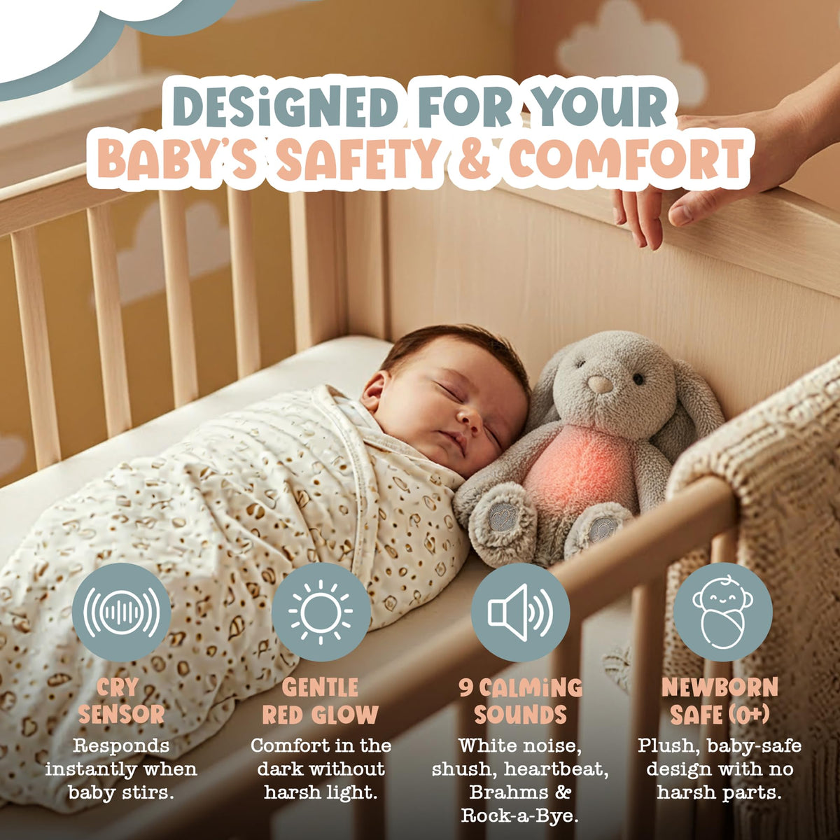 Gemma Joy Baby Sleep Soother Bunny for Baby – Cry Activated Heartbeat Stuffed Animal – Rechargeable Crib Soother with White Noise, Shush, Lullabies & Night Light – Newborn Essentials Must Haves
