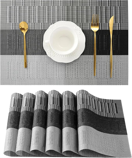 Leetaltree Grey with White Striped Placemats Set of 6 - Heat Resistant Non-Slip Place mats for Dining Table, Washable Durable PVC Vinyl Woven Table Matsï¼Grey Stripe, 6ï¼