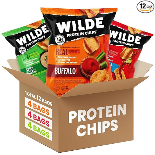 WILDE Protein Chips Spicy Variety Pack, Buffalo, Spicy Queso, Nashville Hot, Gluten Free Keto Chips Made With Real Ingredients, Protein Snacks, Pack of 12