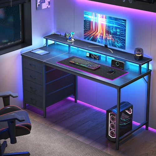 DUMOS 40-Inch Computer Desk - 4 Drawer Gaming Desk with Power Outlets & LED Lights | Black