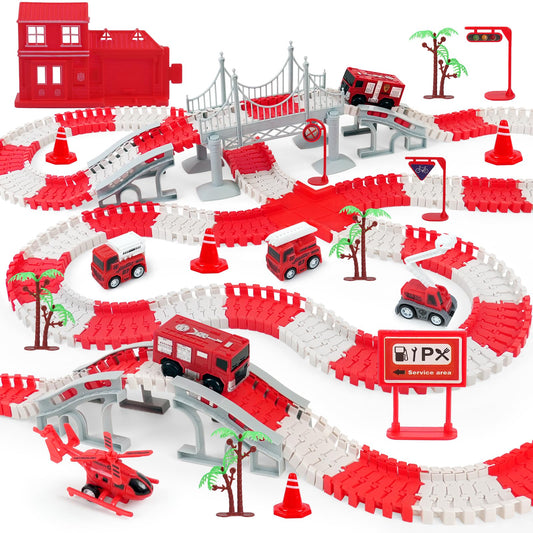 BEMITON Race Track Playset for Kids - Flexible DIY Car Track Toy, Educational Birthday Gift for Boys Ages 3 4 5 6 7, 330+ PCS Building Kit with Fire Trucks