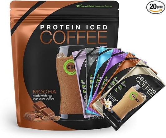 Chike High Protein Iced Coffee Sampler Pack and Mocha Bundle, 20 G Protein, 2 Shots Espresso, 1 G Sugar, Keto Friendly and Gluten Free, 14 Serving Bag and 6 Sample Packets, 20 Servings