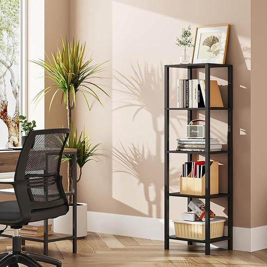 TUTOTAK Bookshelf, 5-Tier Tall Book Shelf, Narrow Bookcase for Small Space, DIY Stackable Bookshelf, for Living Room, Office, Study, Entryway, Industrial, Black BS01BK005