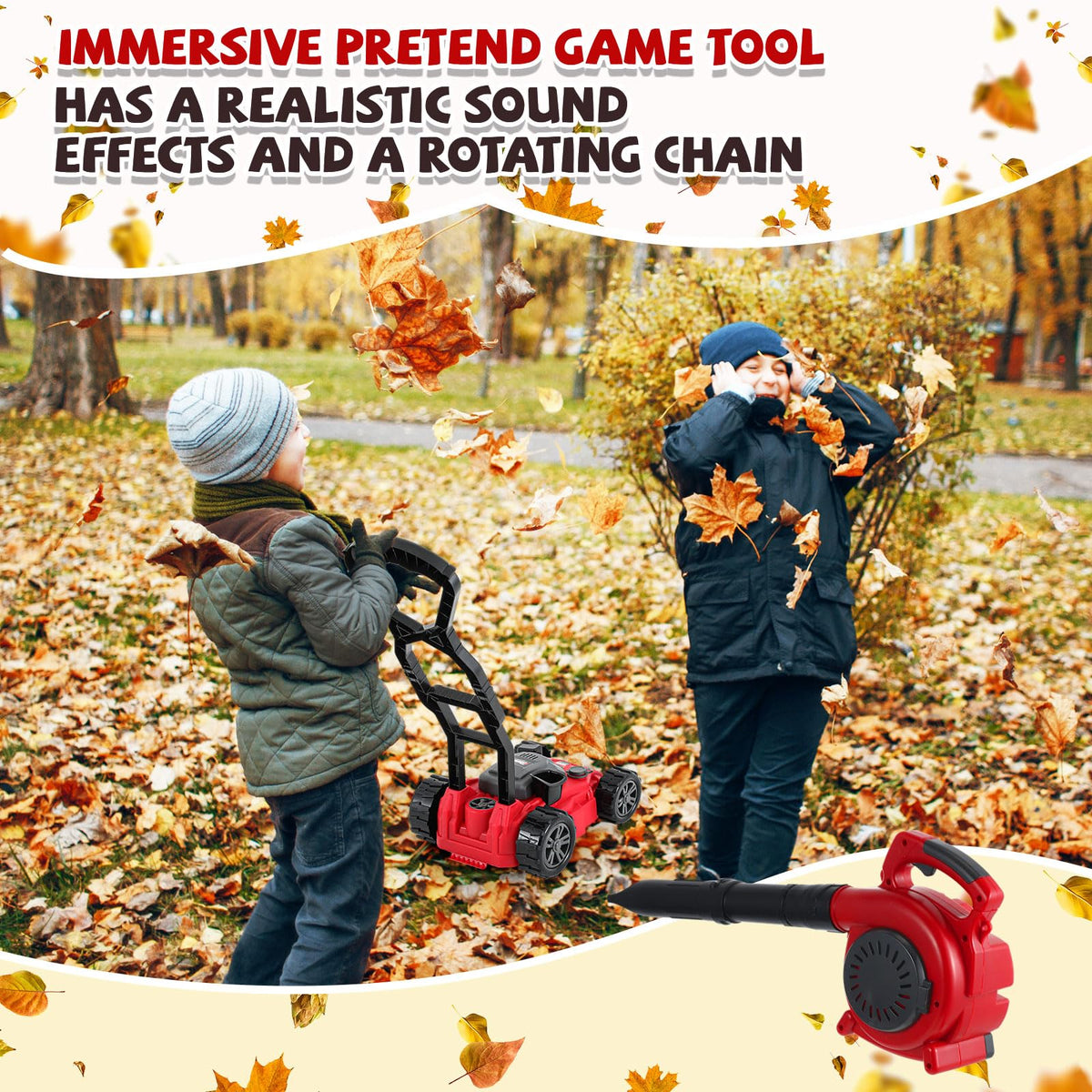 Arrowbash 3-in-1 Kids Gardening Toy Set, Toy Leaf Blower & Chainsaw & Push Lawn Mower with Realistic Sound, Outdoor Backyard Play Educational Learning Birthday Summer Gift for 3-8 Boys Girls