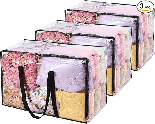 Vieshful 3 Pack Clear Storage Bags 110L Over-Sized Clothes Bags with Double Zippers Sturdy Handles Tote Moving Bags for Duvet, Comforters and Blankets Organizer