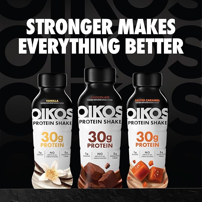 Oikos Protein Shake, Vanilla, 30g High Protein Drinks, Shelf Stable, Ready to Drink, 5g Prebiotic Fiber, 12 fl oz Bottle, 4 Count