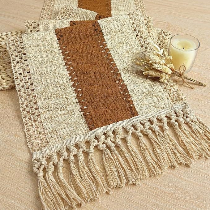 FEXIA Boho Table Runner 36 Inches Long Macrame Summer Decor Coffee Table Cover Farmhouse Stylewith Tassels for Party Bohemian Rustic Wedding Bridal Shower Dining Room Middle Brown (12x36 Inches)