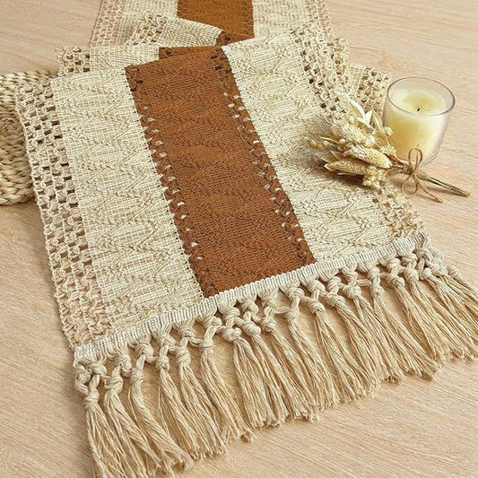 FEXIA Boho Table Runner 48 Inches Long Macrame Summer Decor Coffee Table Cover Farmhouse Stylewith Tassels for Party Bohemian Rustic Wedding Bridal Shower Dining Room Middle Brown (12x48 Inches)