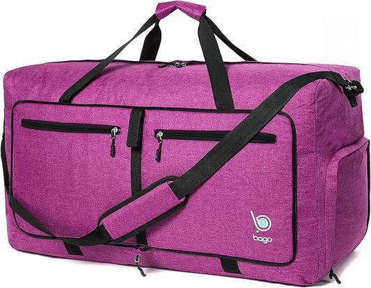 Bago Large Foldable Duffel Bags for Traveling Women & Men - 80L Packable Duffle Bag for Travel with Shoe Compartment - Water Repellant, Heavy Duty, Lightweight Folding & Collapsible (SnowPink)