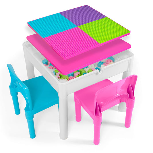 Play Platoon Kids Table and Chairs Set, Toddler 5 in 1 Pastel Activity Table - Sensory, Water, Art, Picnic, Blocks with Storage for Girls Ages 2 to 8 - with Pink and Blue Chairs