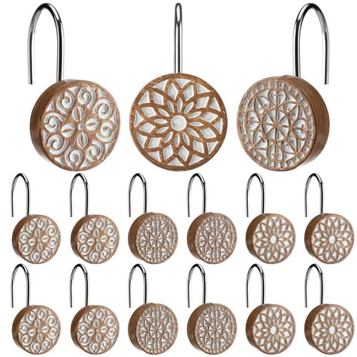 BreezeHug 12pcs Boho Shower Curtain Hooks Decorative Shower Curtain Hangers for Bathroom Rod Resin Round Rings with Brown Floral Pattern, Waterproof