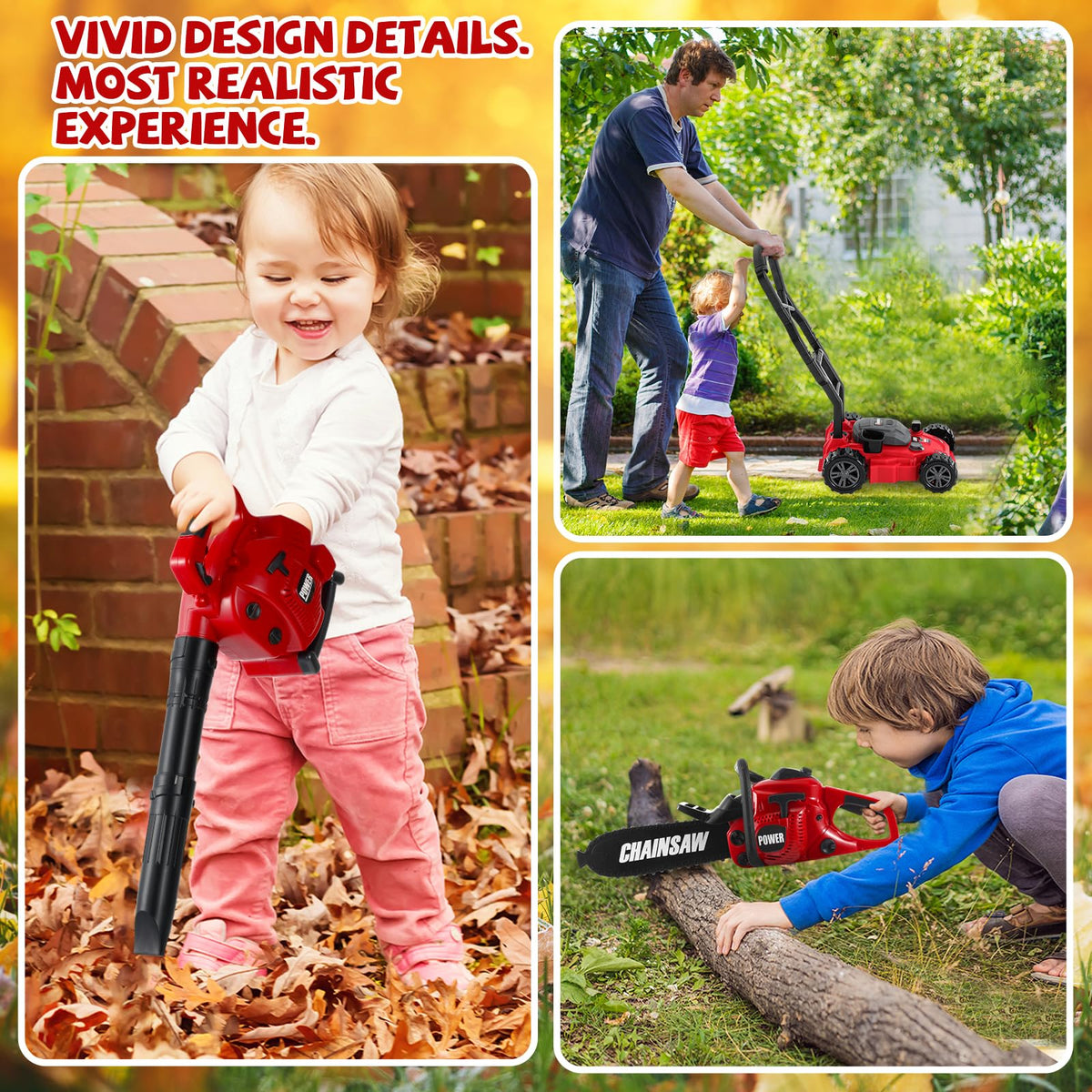Arrowbash 3-in-1 Kids Gardening Toy Set, Toy Leaf Blower & Chainsaw & Push Lawn Mower with Realistic Sound, Outdoor Backyard Play Educational Learning Birthday Summer Gift for 3-8 Boys Girls