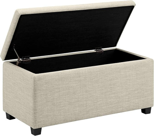 Amazon Basics Upholstered Storage Ottoman Bench with Soft Close Lid, Child-Safety Hinge, No Assembly Required, 35.5"W x 16.5"D x 17"H, Beige