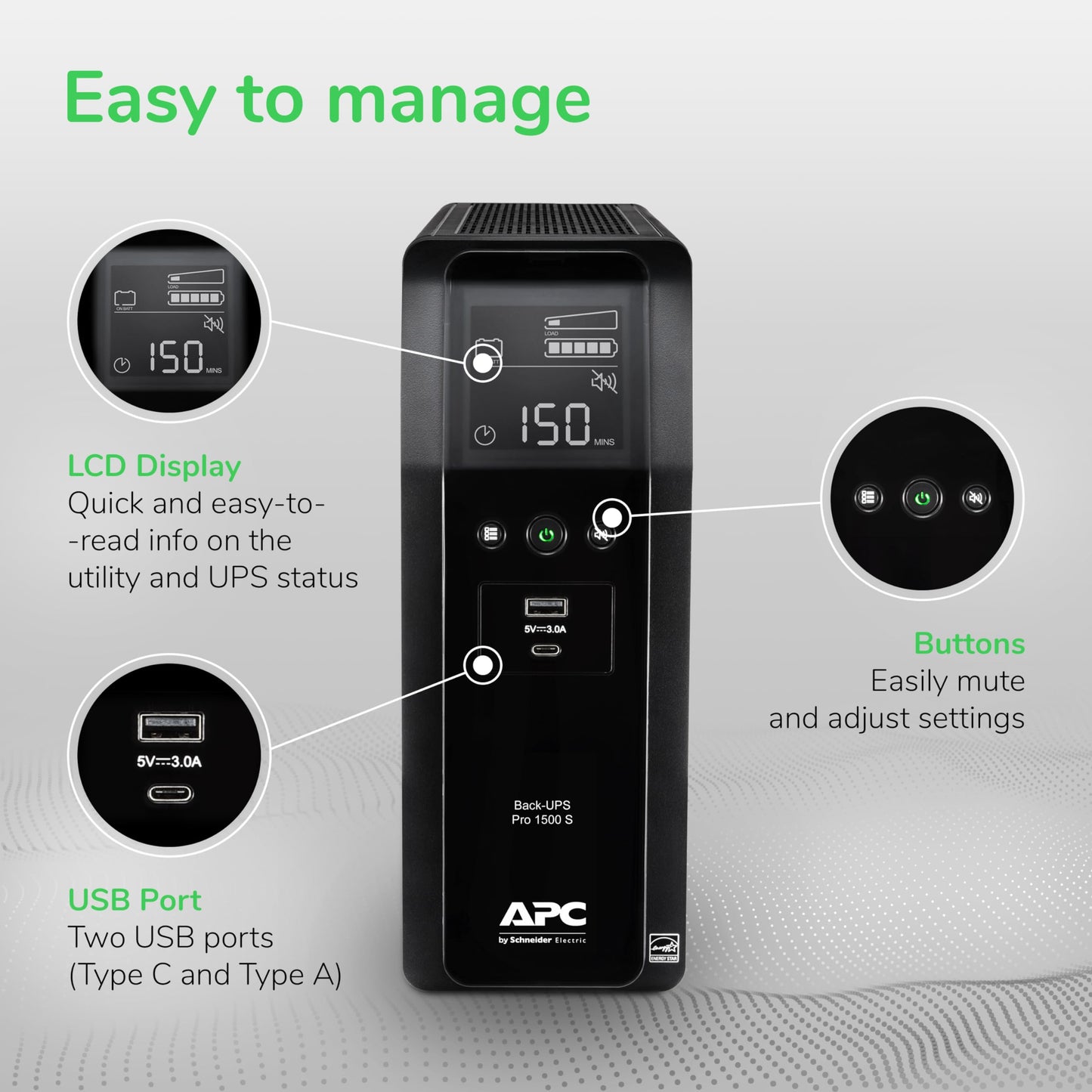 APC Back-UPS Pro Sine Wave UPS, 1500VA/900W, Active PFC Compatible, AVR, LCD, 10 Outlets, USB-C Charging Port, BR1500MS2 | Uninterruptible Power Supply for Home Office, PC, Gaming Computers