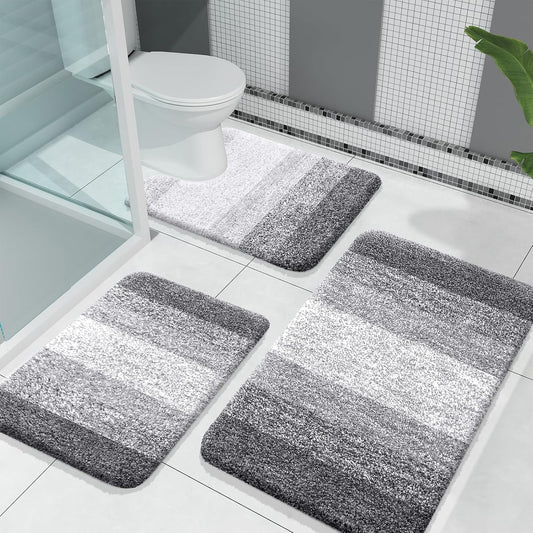 OLANLY Bathroom Rug Set - Soft, Absorbent Microfiber Mats & U-Shaped Contour Rug | 3-Piece Grey Set (30"x20"+24"x16"+24"x20")