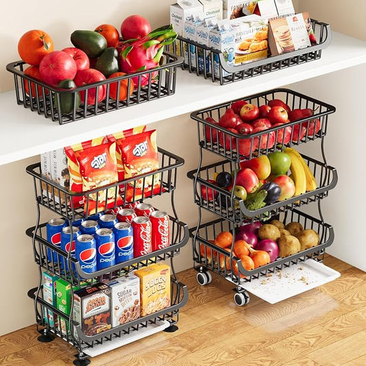 3 Tier Rolling Pantry Floor Organizers and Storage Cart with Wheels, Fruit Basket Stand on Wheels, Vegetable Baskets for Kitchen, Three Tiered Pantry Shelves Organzier for Snack, Produce, Potato,Onion