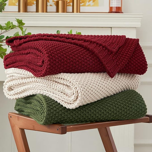Longhui bedding Chunky Cable Knit Throw Blanket Lightweight Wine red 100% Organic Cotton Blanket for Sofa Couch Bed Baby Nursery, Rustic Shabby Chic Modern Farmhouse, 60” x 80” Give Laundering Bag