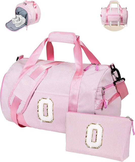 Birthday Gift for Granddaughter, Girl Gym Bag, Kids Initial Overnight Duffel Bags with Shoe Compartment, Personalized Travel Bag with Makeup Pouch, Easter Basket Stuffer for Teen (Letter O)