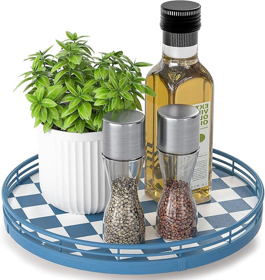 Premium Rubber Wood Lazy Susan Turntable, Blue White Checkerboard Decorative Serving Tray, Hand-Welded Metal Railing, Stable Rotating Organizer for Dining Table, Kitchen Counter, Coffee Table Decor