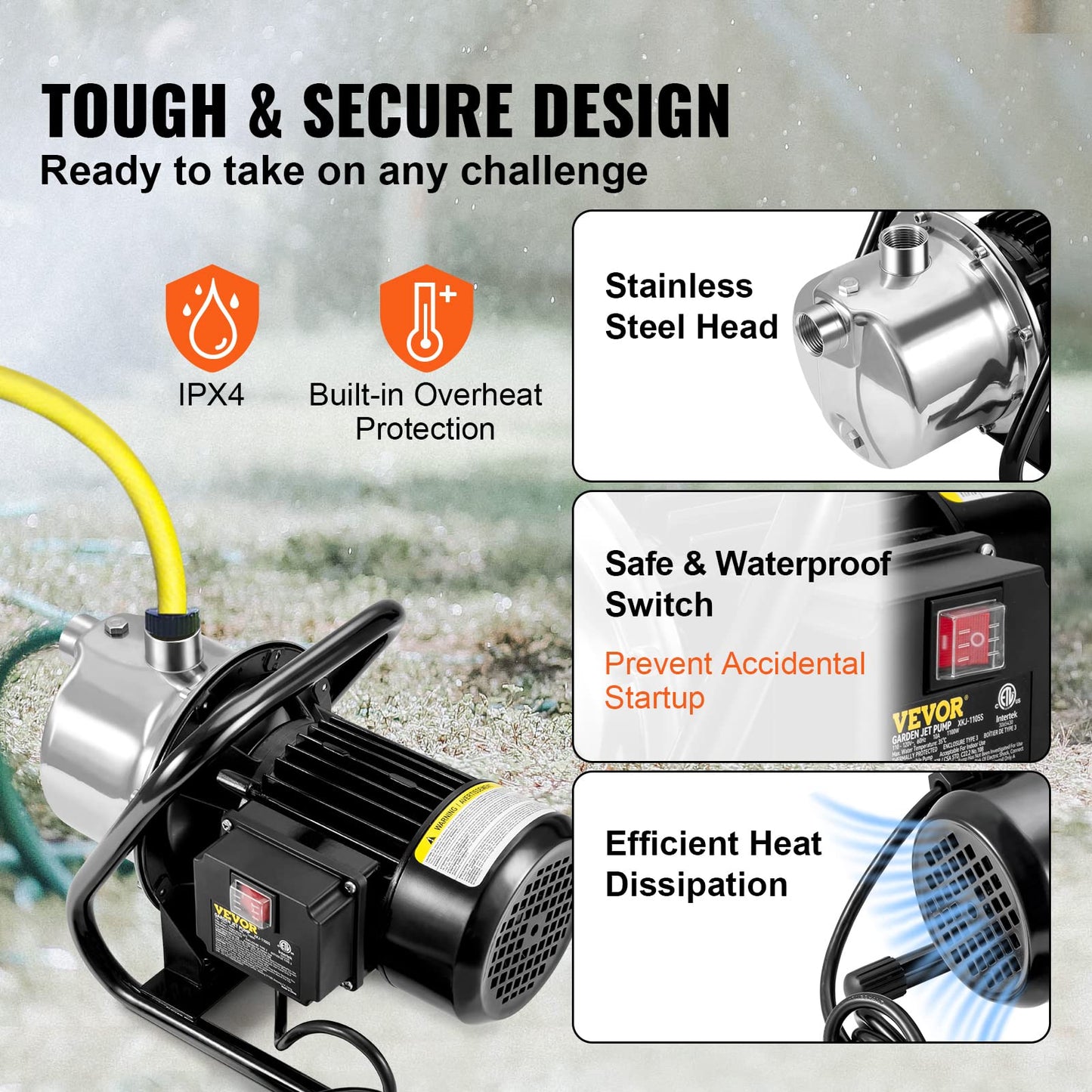 VEVOR Shallow Well Pump, 1.1 HP 115V, 978 GPH 131 ft Height, 40psi Max Pressure, Portable Stainless Steel Sprinkler Booster Jet Pumps for Garden Lawn Irrigation system, Lake Fountain, Water Transfer
