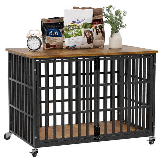 38 Inch Dog Crate Furniture, Heavy Duty Wooden Dog Kennel for Large Dogs, Chew Proof & Escape-Proof Indoor Dog Cage with TV Stand, for Anxious Dogs, Black Brown Cabinet