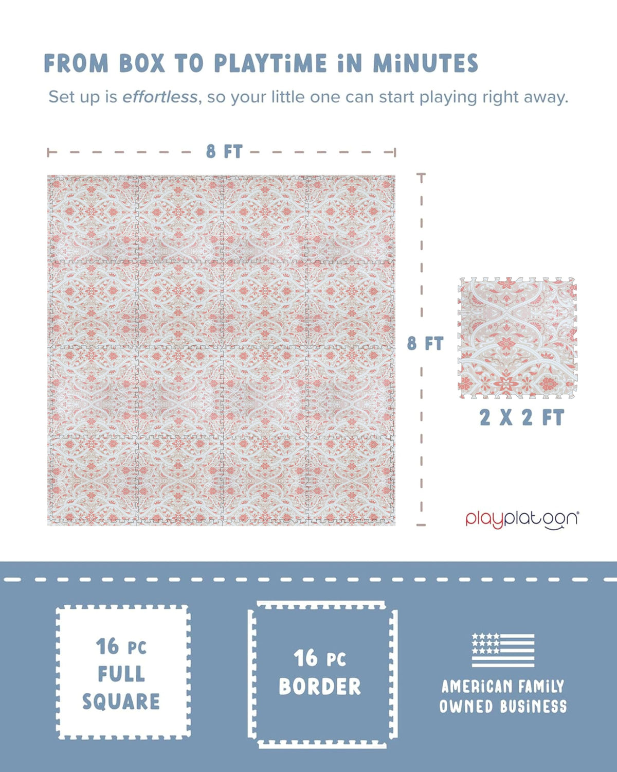 Play Platoon Non-Toxic Large Baby Play Mat for Floor, 16 Tile 96 x 96 inch - Extra-Thick Interlocking Foam Floor Tiles 24 x 24 in Puzzle Mat Pieces with Border, Playmat for Toddlers & Children - Petal